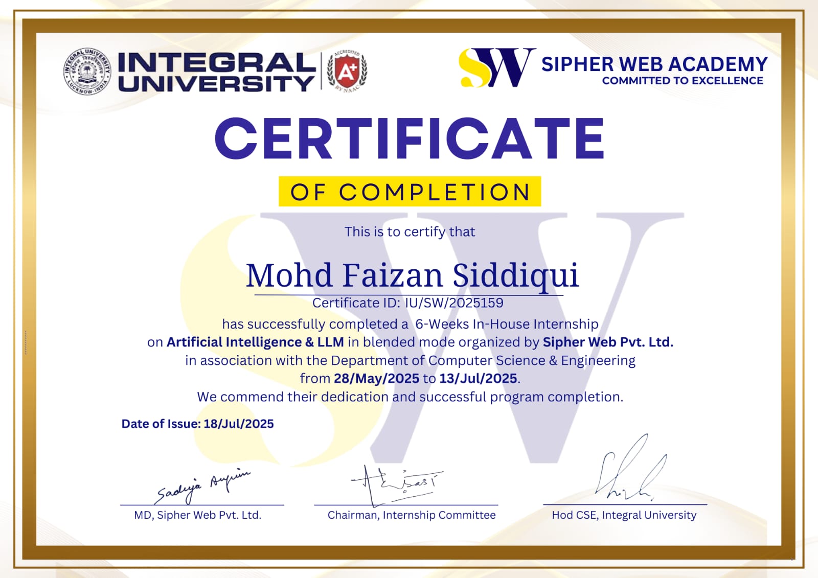 AI and LLM internship certificate