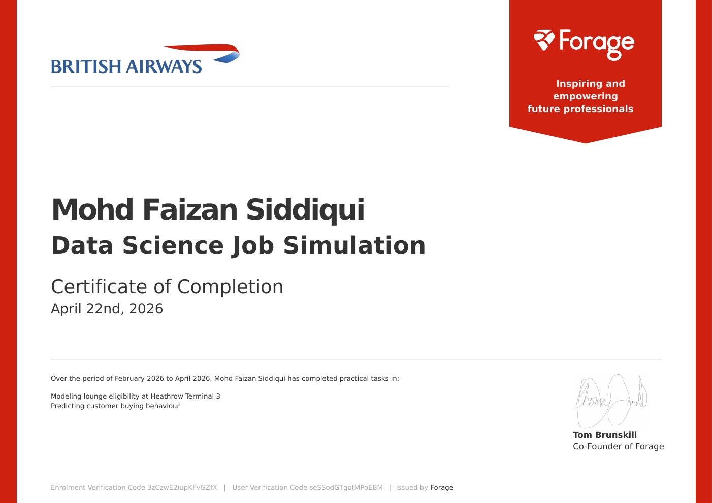 British Airways Data Science Job Simulation certificate