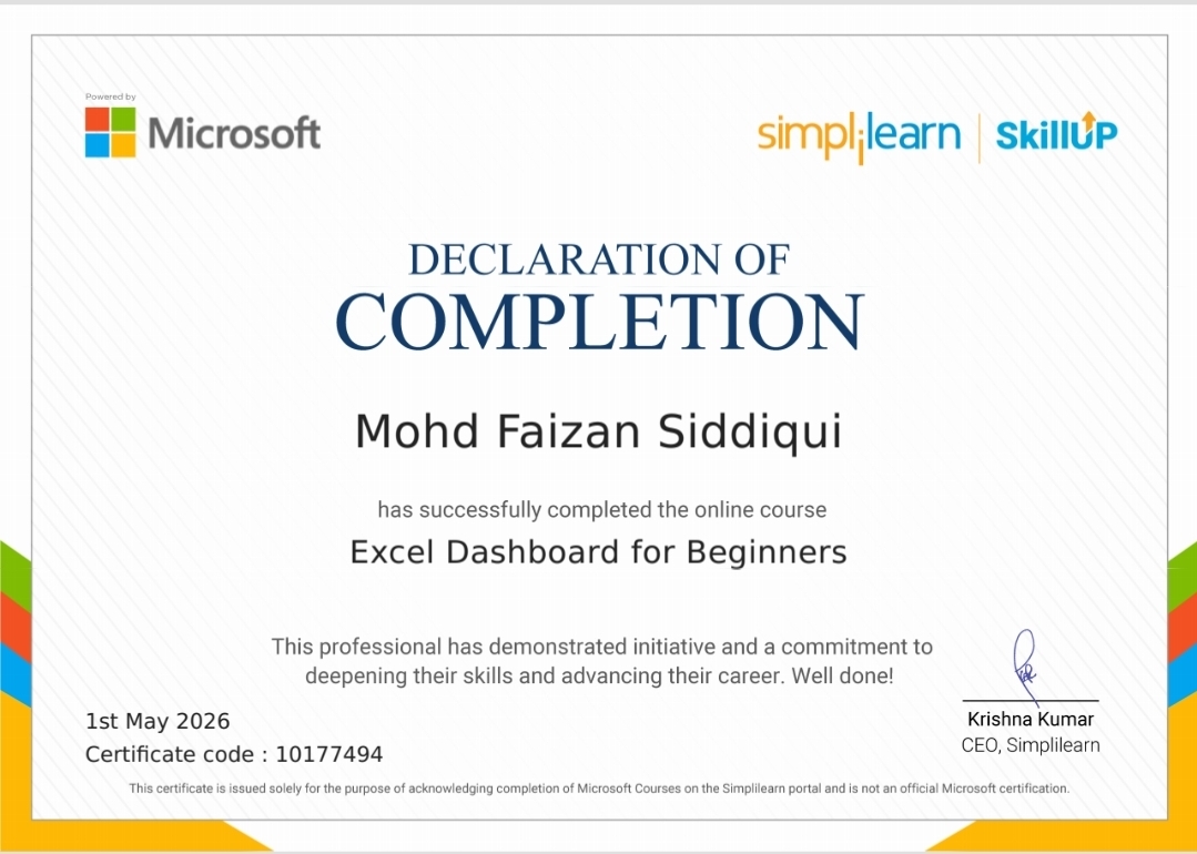 Excel Dashboard for Beginners certificate