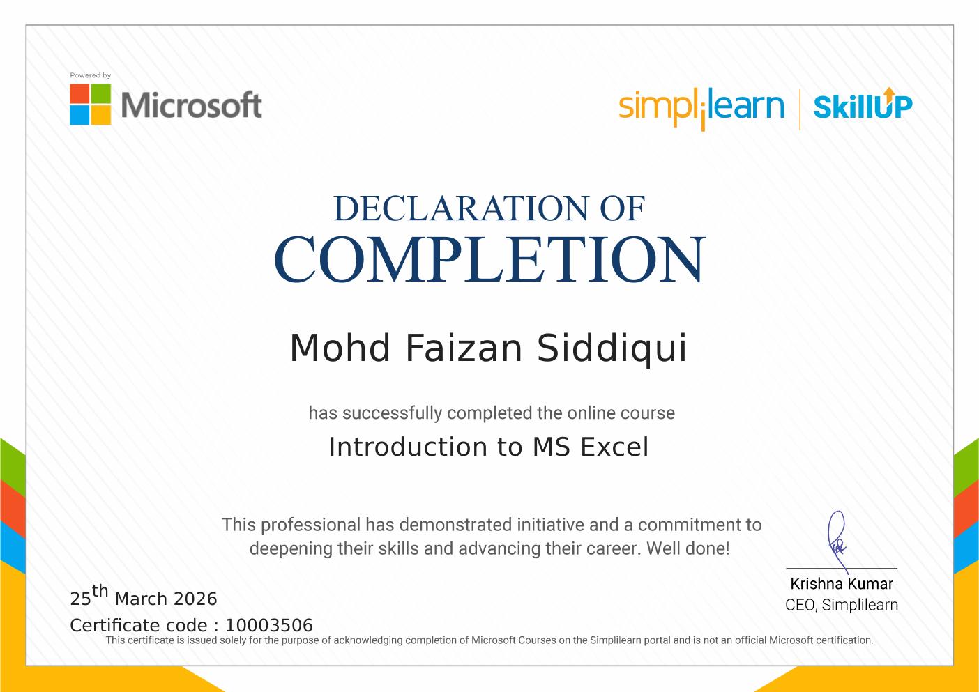 Introduction to MS Excel certificate
